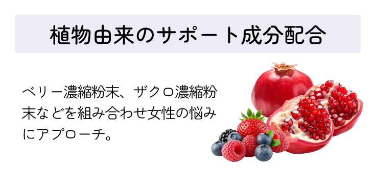 植物由来のサポート成分配合 ベリー濃縮粉末、ザクロ濃縮粉末などを組み合わせ女性の悩みにアプローチ。